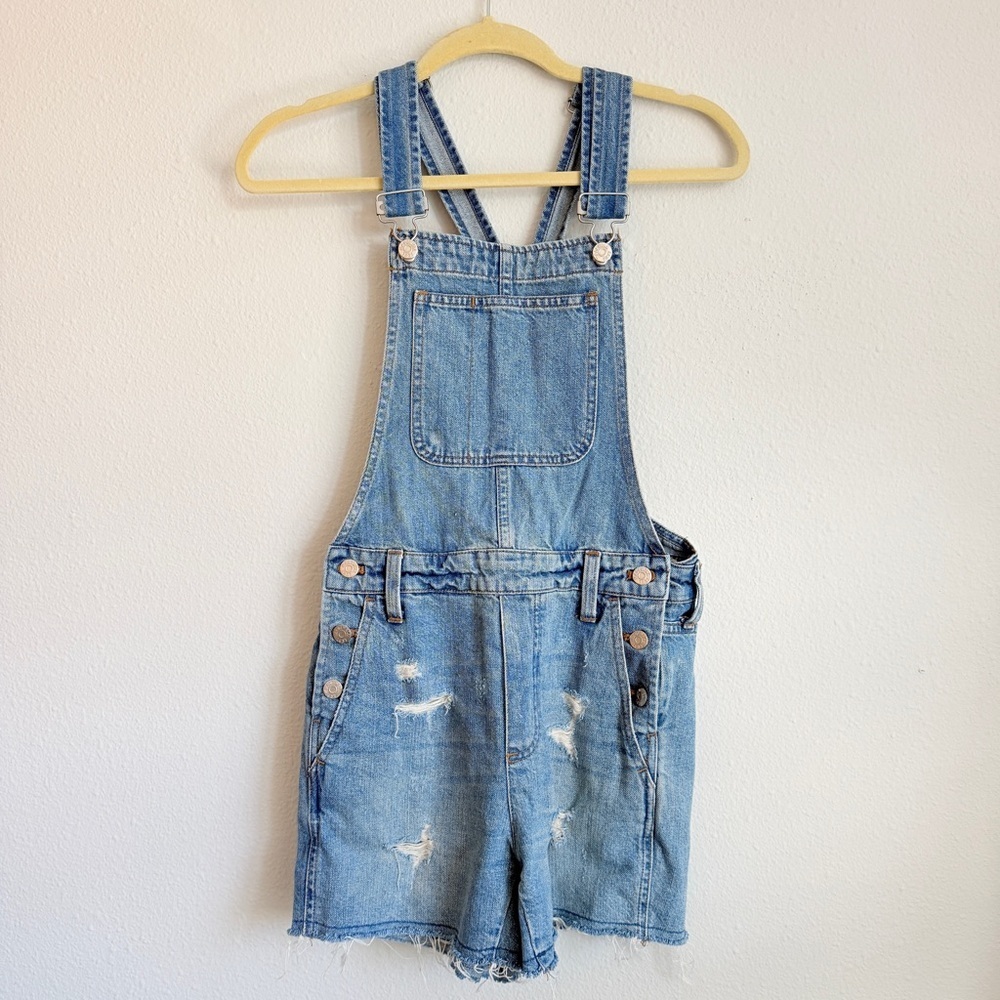 Madewell Light Blue Distressed Denim Short Overalls | Size XS | Jeans